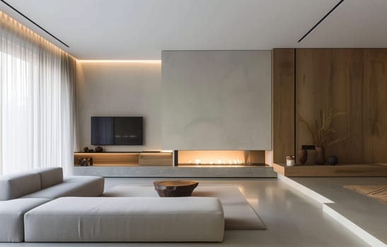 A cozy living room in a house with hardwood flooring, featuring a couch, fireplace, and television. The room is completed with a fixture on the ceiling