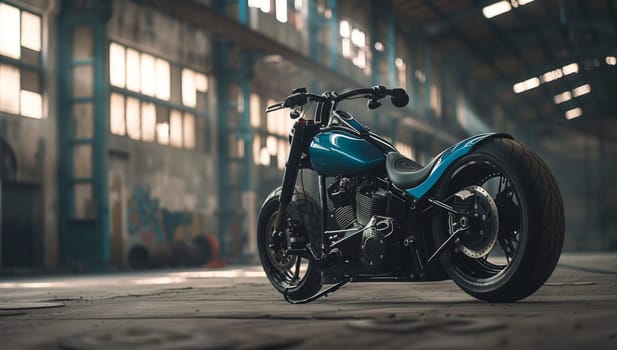 A blue motorcycle is parked in a garage, its shiny wheel and treaded tire visible next to the fender. The vehicles automotive lighting reflects in the window