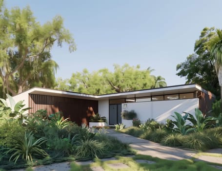 A contemporary house with an Lshaped roof is nestled amidst a lush landscape of trees and bushes, creating a serene and green oasis