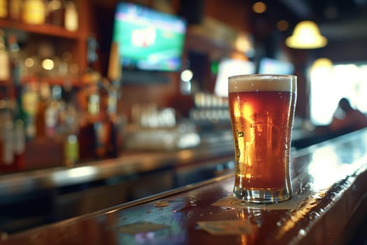 A beer glass filled with lager is resting on a bar counter in a drinking establishment. The drinkware contains the alcoholic beverage in a fluid state