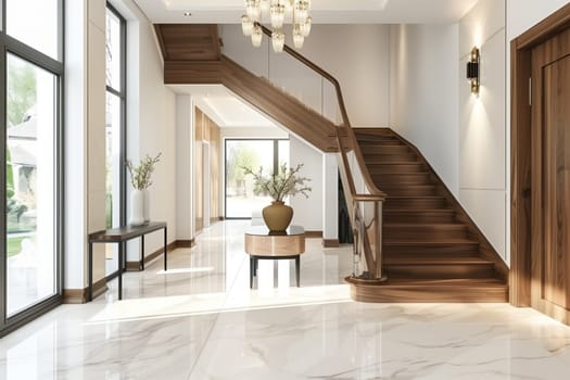 The building features a staircase as a central fixture in the hallway, creating an elegant interior design element with wood flooring and plants nearby