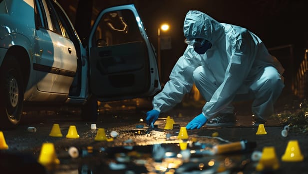 A forensic scientist in a protective suit is investigating a crime scene in a dark building, examining automotive tires and auto parts for clues