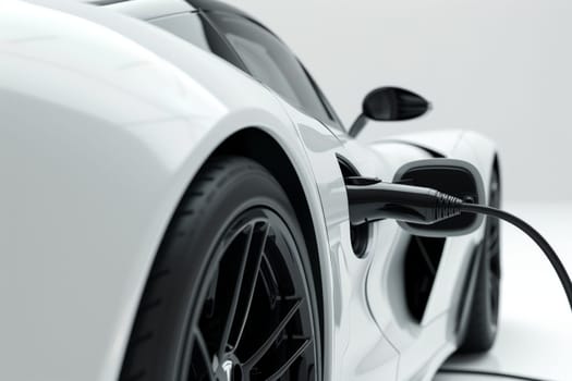 Close up detail of EV car in charge with EV charging plug, white color theme.