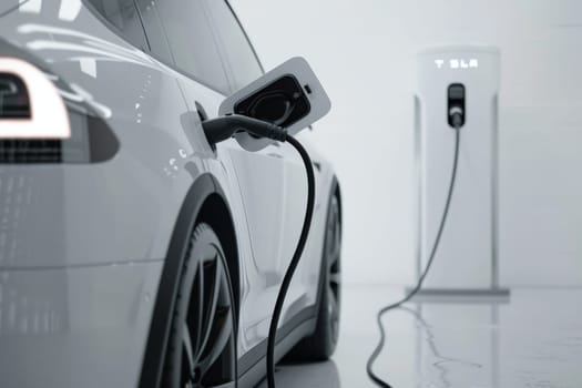 Close up detail of EV car in charge with EV charging plug, white color theme.