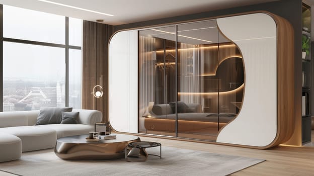 A living room with a wood floor features a couch, coffee table, and sliding glass doors leading to a patio. Interior design and real estate come together in this modern space