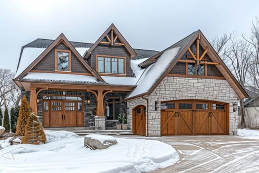A building with wooden siding and a garage door is blanketed in snow under a wintry sky, resembling a cozy cottage in a real estate setting