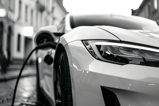 Close up detail of EV car in charge with EV charging plug, white color theme.