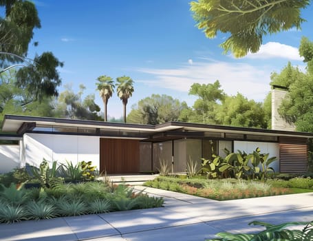 A contemporary home nestled amongst lush trees, with a clear blue sky and fluffy clouds above. The sleek facade contrasts with the natural greenery
