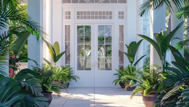 A charming white real estate building adorned with numerous potted plants, surrounded by lush green grass and tall trees, with large windows and a welcoming front door