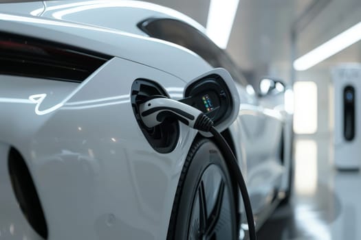 Close up detail of EV car in charge with EV charging plug, white color theme.