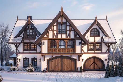 The sky is filled with grey clouds as a large house with many windows is blanketed in snow. Trees and plants are covered, adding a touch of winter to the buildings facade and roof fixtures