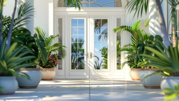 A white house adorned with numerous potted plants in front, adding a touch of nature to the buildings exterior design