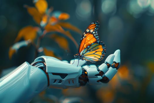 a butterfly posing on top of a android hand finger, concept of nature and futuristic technology.