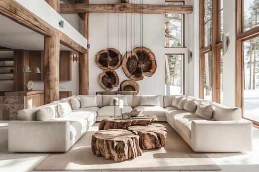 The living room in the house is filled with furniture, including a wooden table and a couch. The flooring is made of hardwood, creating a warm and inviting space