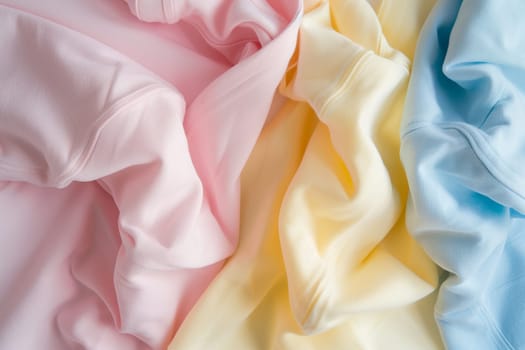 A close up of three different colored fabrics in pink, yellow, and electric blue. The fabrics resemble petals in shades of peach, magenta, and hues of the rose family