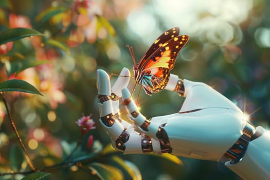 a butterfly posing on top of a android hand finger, concept of nature and futuristic technology.