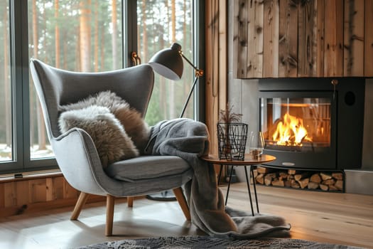 A piece of furniture, a chair, is positioned in front of a fireplace in a living room. The room features hardwood flooring and a window