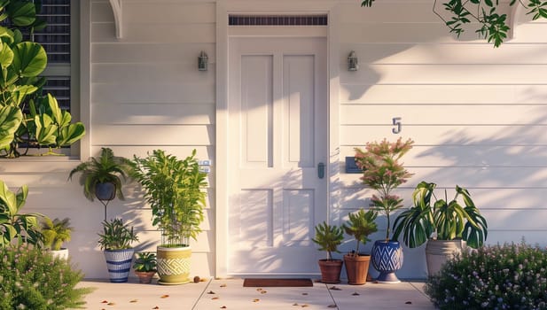 A house with wooden doors and lots of potted houseplants creating a green oasis in front. The lighting highlights the beautiful plants