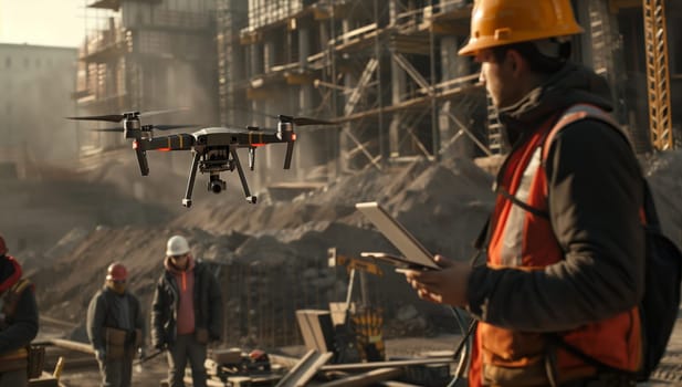 An engineer is utilizing a drone at a construction site while wearing personal protective equipment such as a hard hat and workwear made of composite materials