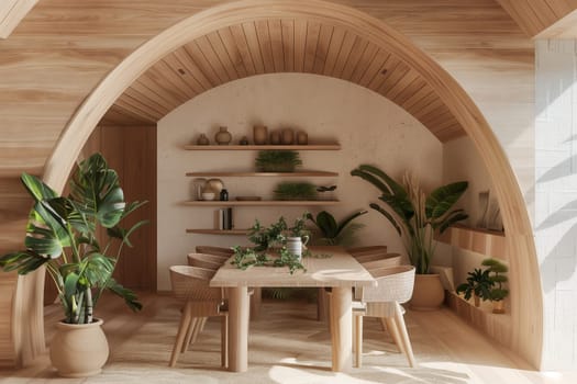 A dining room with a wooden table and chairs, adorned with plants in flowerpots. The hardwood floor complements the interior design of the building