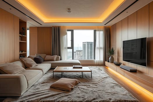 An interiordesigned living room in a property with wooden furniture, flooring, and a flatscreen TV as a fixture. Perfect for real estate showcasing