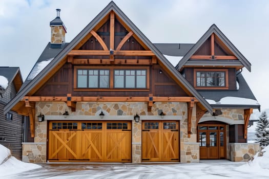 A wooden garage door is a distinctive fixture of the large building in the snowcovered landscape, blending with the facade and roof of the house