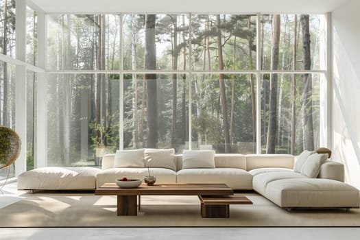 A spacious living room in a house with a large sectional couch and a coffee table. The room features wood flooring, a window with a view of trees, and stylish interior design