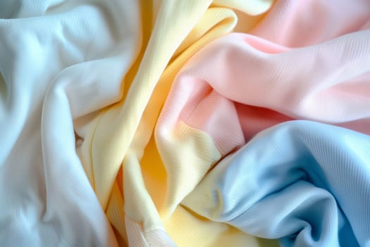 A close up of a stack of vibrant linens with sleeves and petal patterns, featuring shades of peach and electric blue