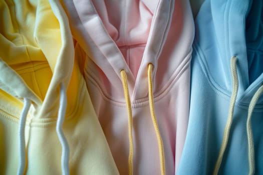 A closeup of three different colored hoodies stacked on top of each other, showcasing a beautiful textile pattern in magenta, creating an artful gesture