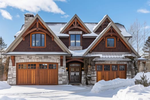 The facade of a large house with a wooden garage door is blanketed in snow, creating a picturesque winter scene under a cloudy sky
