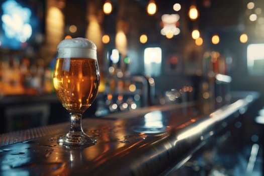 A beer glass is placed on the bar counter in a bar, surrounded by other tableware and drinkware. The event seems to be in full swing