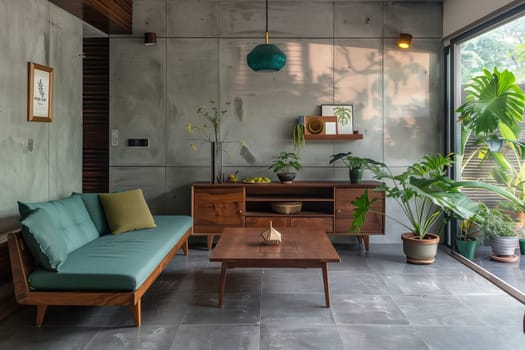 A cozy living room in a house with a couch, table, and plants including houseplants in flowerpots. The wooden furniture adds warmth to the room