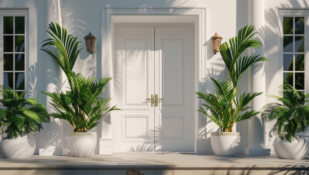 A building with a white facade has numerous potted plants lining the entrance, adding a touch of greenery to the houses exterior