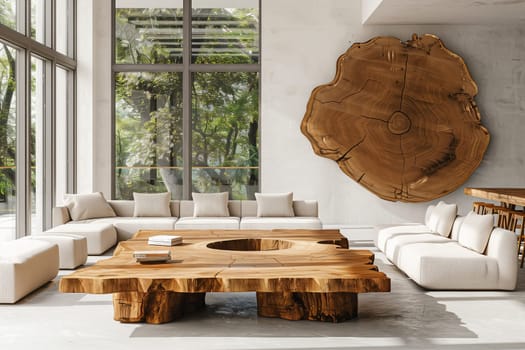A living room in a property with hardwood floors and a large wooden table, complemented by a large wooden clock hanging on the wall. Interior design at its finest