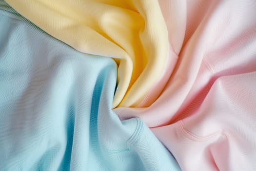 A close up of various fabrics in Petal, Peach, Magenta, and Electric blue shades, creating an artistic painting of patterns and gestures in linens