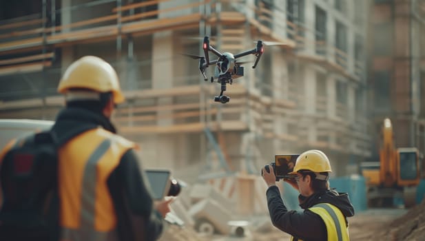 A construction worker in highvisibility clothing and a hard hat is photographing a drone at the building site