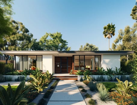A contemporary house sits amongst lush greenery, connected by a pathway. Trees and bushes envelop the modern building, creating a serene environment