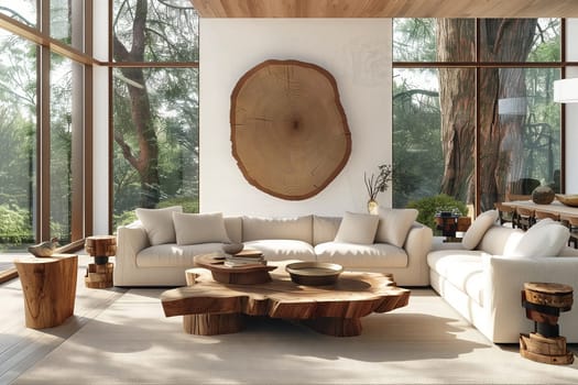 An interior design of a living room in a building with hardwood flooring, showcasing a cozy couch, a coffee table, and large windows providing ample natural light and shade