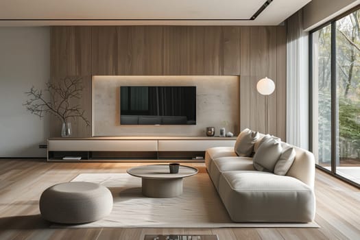 A cozy living room in a house with hardwood flooring, featuring a wood coffee table, comfortable couch, and a television for entertainment