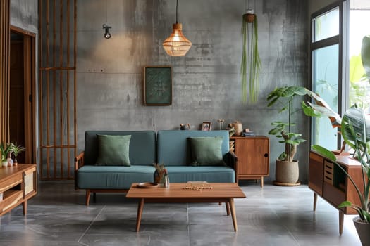 A cozy living room featuring a blue couch, a wooden coffee table, and a houseplant by the window. The interior design is complemented by the warm wood tones and comfortable furniture