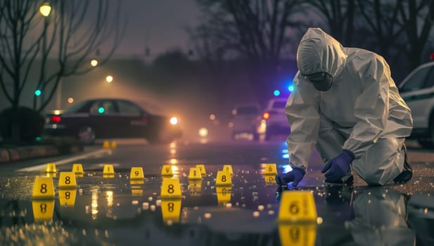 A man in a protective suit is kneeling down on the side of the road, with only automotive lighting piercing the darkness of the midnight hour, staring up at the sky