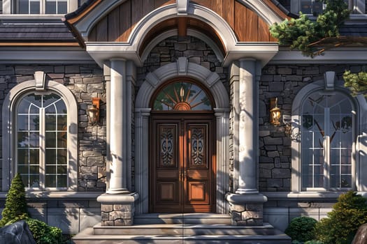 A building made of large bricks with a wooden door and arched porch. The facade features symmetrical windows, an arch, and a roof