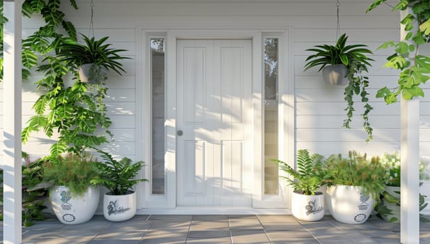 A potted plant sits in front of a white front door, adding charm and character to the building. The lush greenery brings life to the entrance of the house