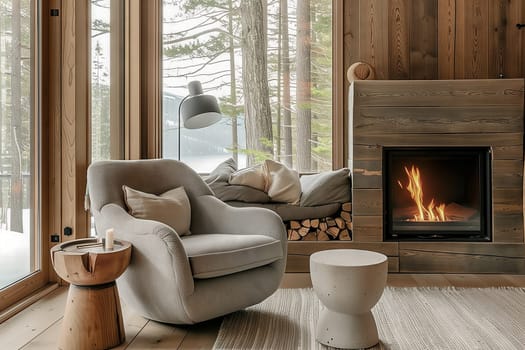 A living room with a fireplace and a chair, showcasing beautiful interior design with wooden flooring and a large window