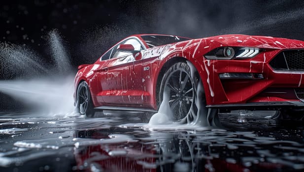 A red Ford Mustang with alloy wheels is driving through a puddle of water, splashing liquid everywhere as the automotive lighting illuminates the scene