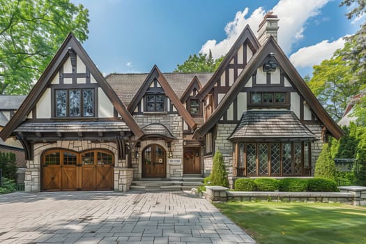 A charming residential area with a large house featuring a wooden garage door, surrounded by trees and green grass under a clear sky with fluffy clouds