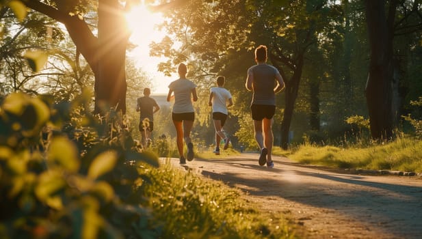 A group of individuals are jogging along an asphalt road in a lush park with trees, grass, and natural landscape, enjoying leisure and recreation under the warm sunlight