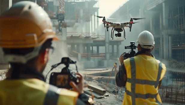 A man is capturing an engineering event with a drone flying over a construction site. He is wearing personal protective equipment, including a helmet, near a water vehicle. The machine is on the job