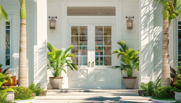 A white house with palm trees in front, featuring a wooden front door and windows, set against lush green grass and plants