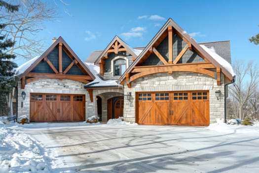A house with a wooden facade and roof, two garage doors, surrounded by snow. The sky is cloudy, and a tree is nearby